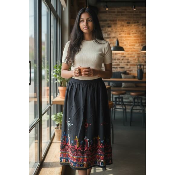 Unbranded Dresses & Skirts - Custom Made Black Cotton Kutchi Colorful Embroidery Mirror Image Long Skirt XL